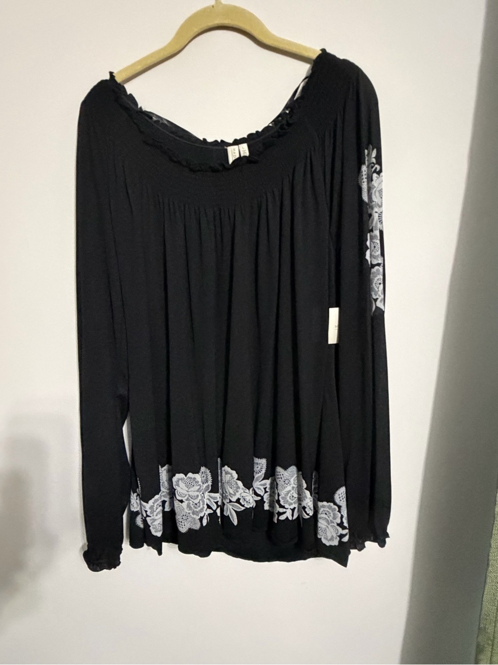 Madison Black Long-Sleeve Peasant Top with White Floral Trim